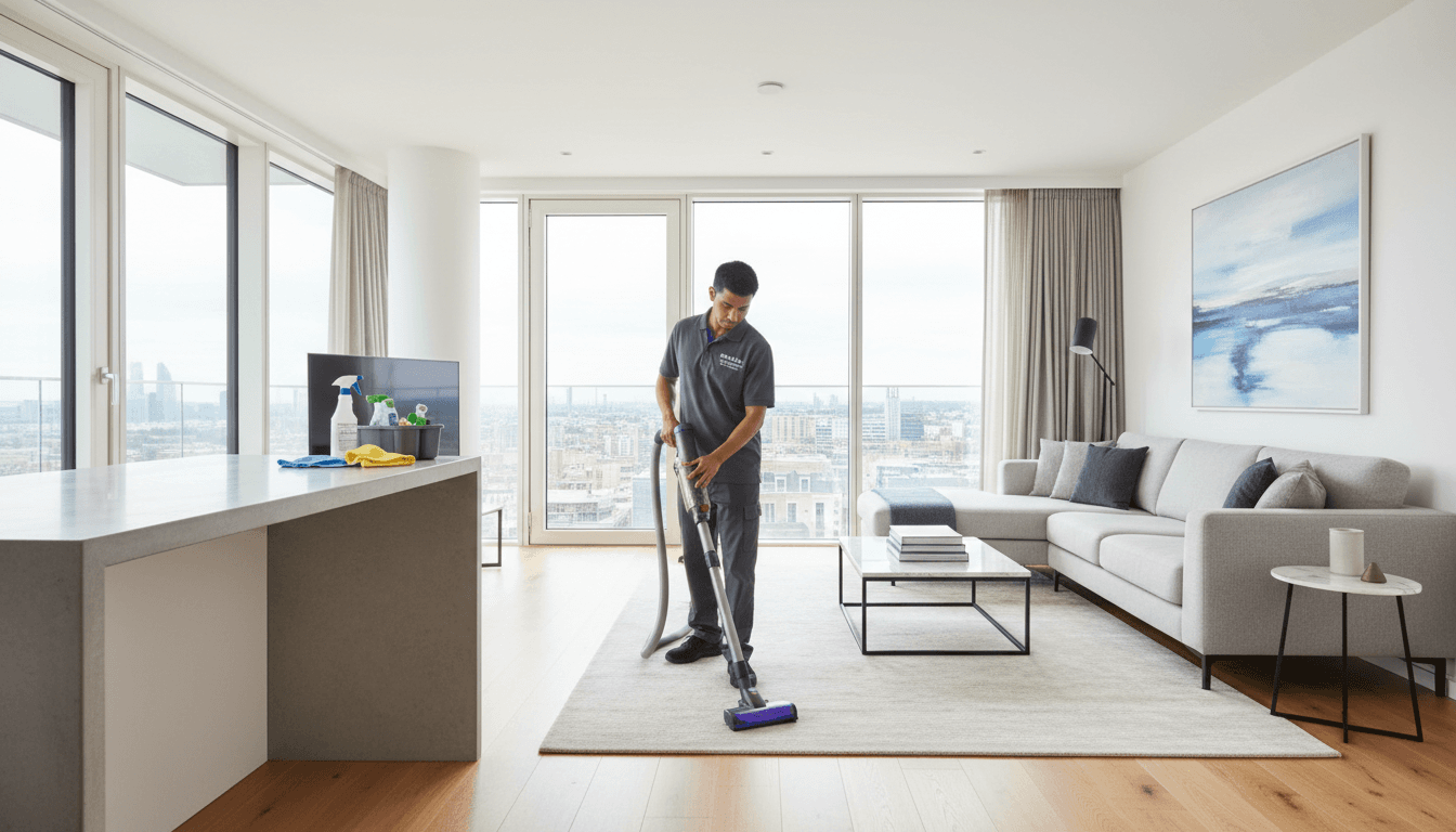 Professional cleaner tidying a modern apartment with natural light.