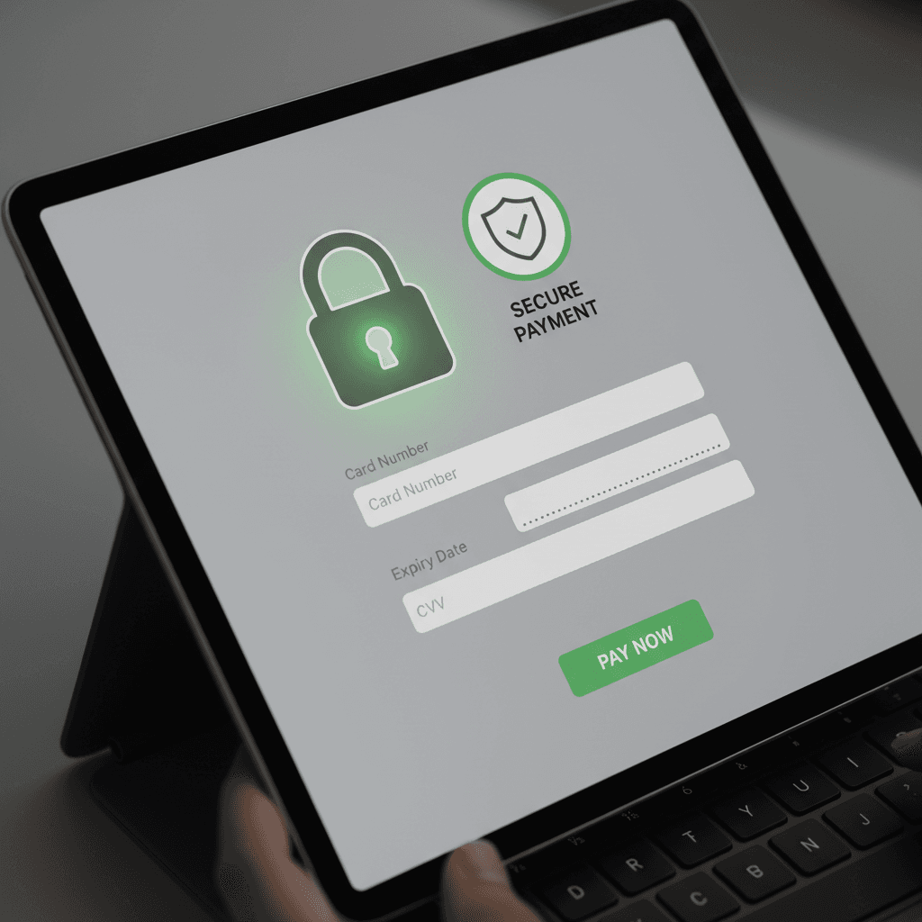 Secure payment interface with encryption badge