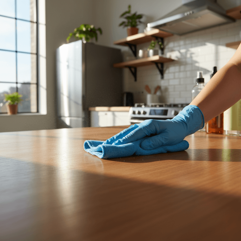 Professional cleaner wiping down a modern kitchen counter with natural light streaming through the windows