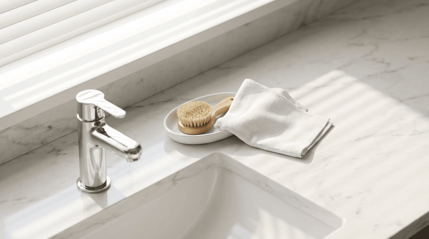 Professional cleaner reviewing cleaning checklist in a modern bathroom